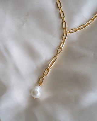 Portia Gold Pearl Y Necklace