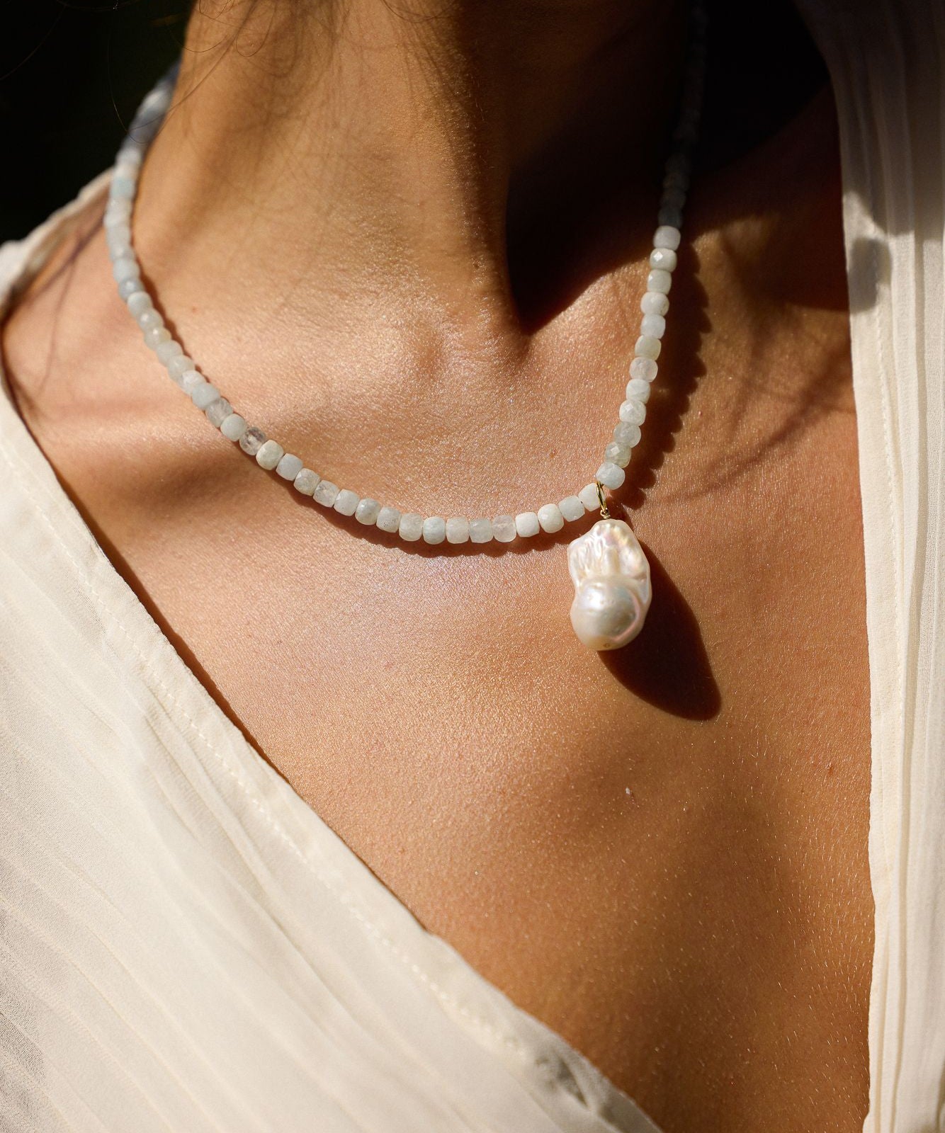 Calypso Baroque Pearl & Aquamarine Necklace - Wander + Lust Jewelry