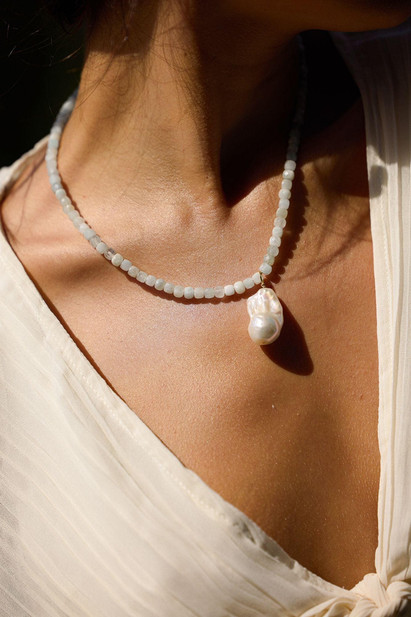 Calypso Baroque Pearl & Aquamarine Necklace - Wander + Lust Jewelry