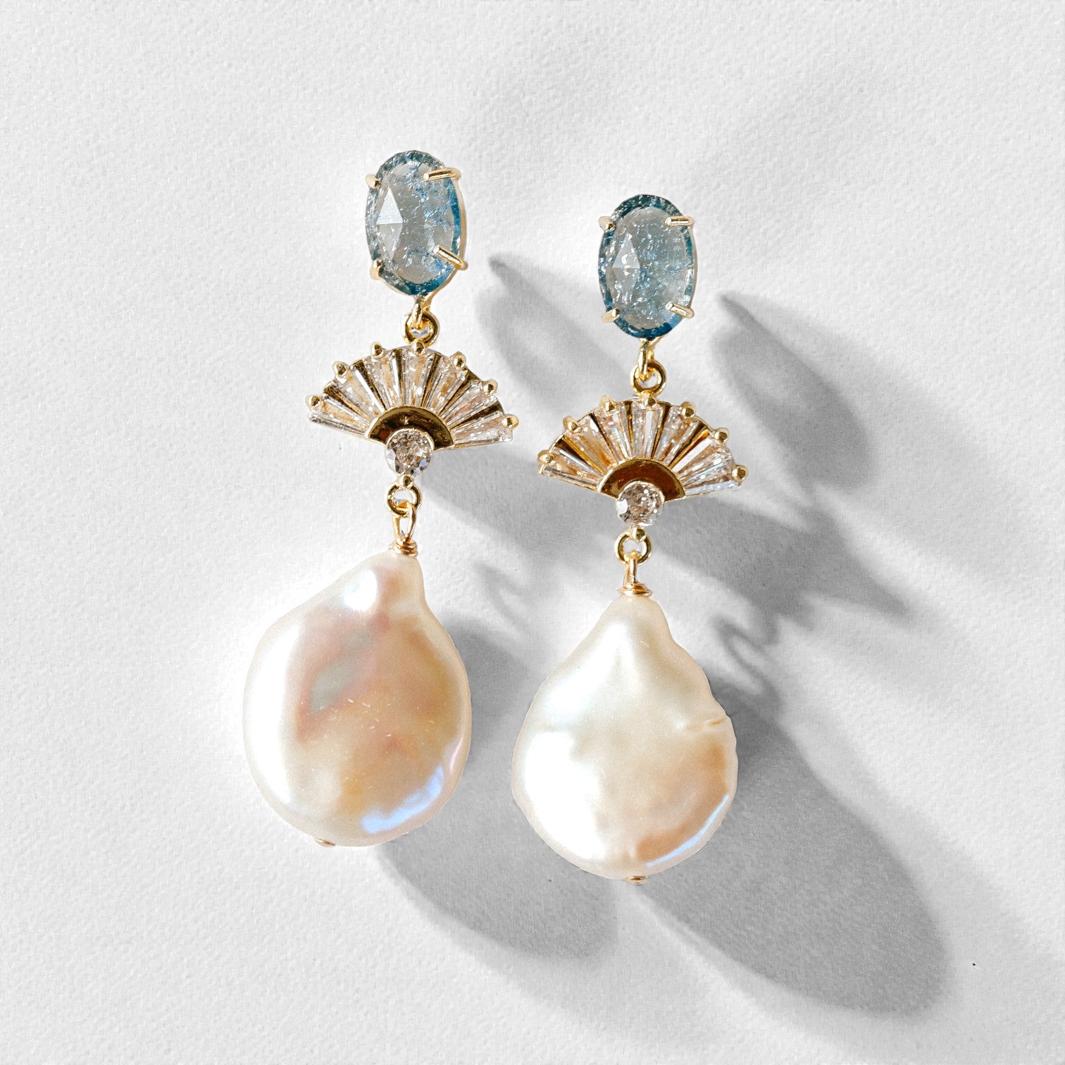 Yellow Gold Freshwater Pearl And Blue Glass Earrings for Women | Wander And Lust Jewelry Yellow Gold Freshwater Pearl And Blue Glass Earrings for Women | Wander And Lust Jewelry