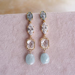 Pair of something blue earrings with aquamarine blue gemstones on a soft pink background