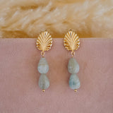 Gold earrings with blue green beads on a pink surface