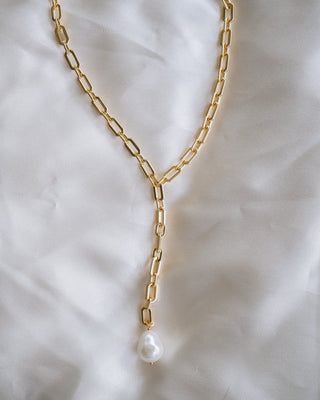 Portia Gold Pearl Y Necklace
